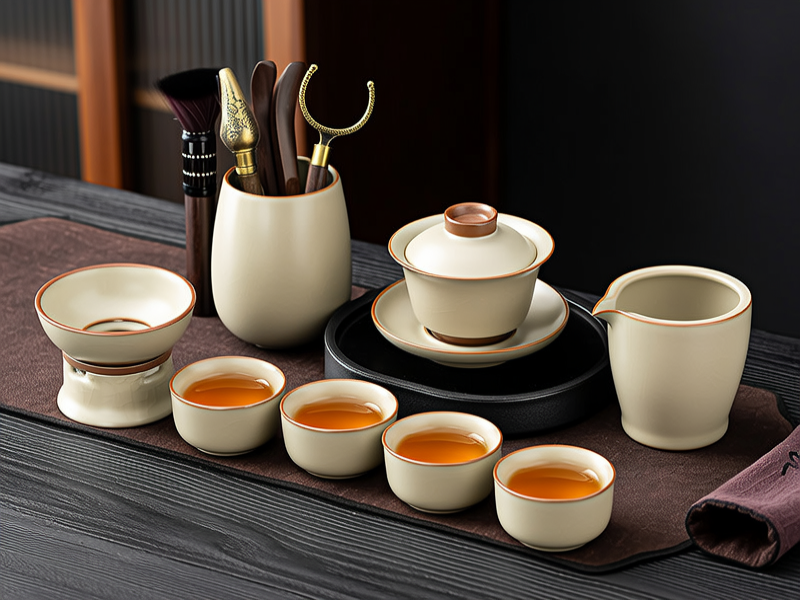 精美的茶具套装：一套精美的茶具，包括茶壶、茶杯和托盘，它们的造型简洁而优雅，釉色柔和，不仅能用于品茶，也能作为家中的装饰...